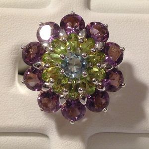 Amethyst Peridot Topaz Cluster Dome Ring Sterling